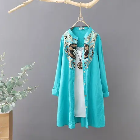 文艺范印花棉麻衬衫女春秋长袖中长款宽松亚麻衬衣2023春女装外套图片