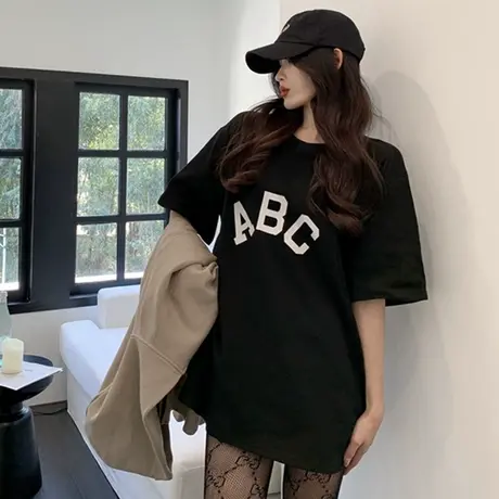 磨毛短袖t恤女打底衫秋冬洋气宽松欧货大版中长款半袖上衣服ins潮商品大图