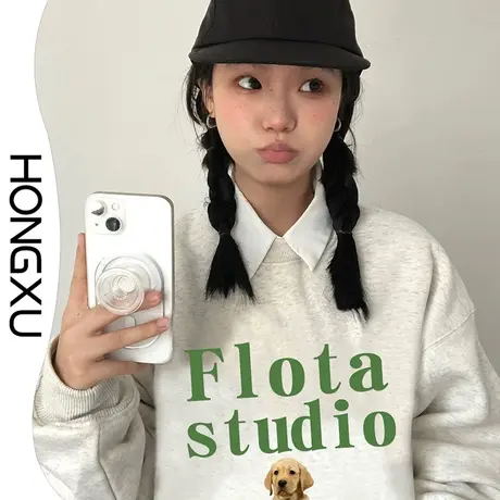 红续2023秋冬季新款小众设计印花灰色卫衣宽松显瘦百搭加绒上衣潮商品大图