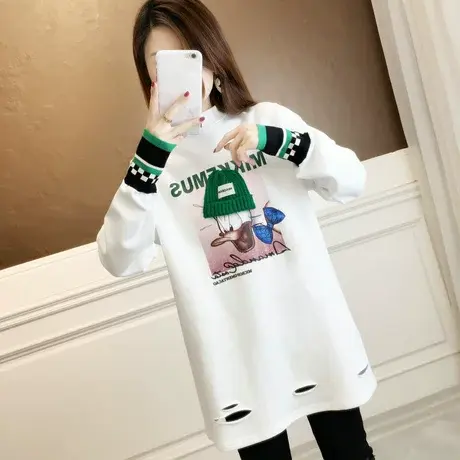 长袖t恤女春秋韩版宽松大码女装中长款内搭加绒假两件打底衫上衣图片