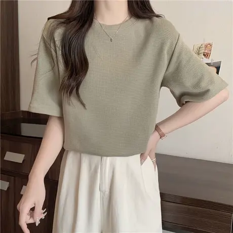 洋气减龄短袖T恤女2023夏季新款韩版百搭宽松显瘦华夫格半袖体恤商品大图