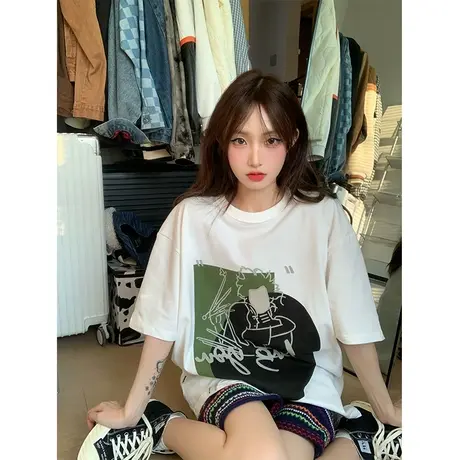纯棉美式复古设计感印花短袖t恤女ins潮牌夏季宽松小众半袖上衣服图片