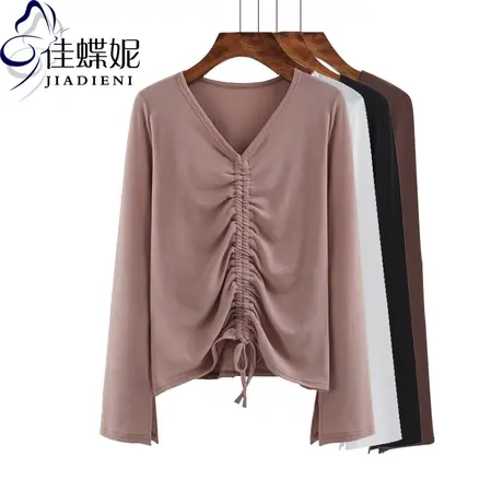 春秋季韩版新款V领长袖T恤纯白抽绳弹力上衣开叉简约纯色显瘦修身图片