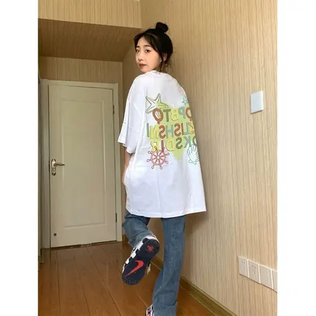 纯棉oversize设计感字母短袖t恤女夏季新款小众宽松半袖大码上衣商品大图