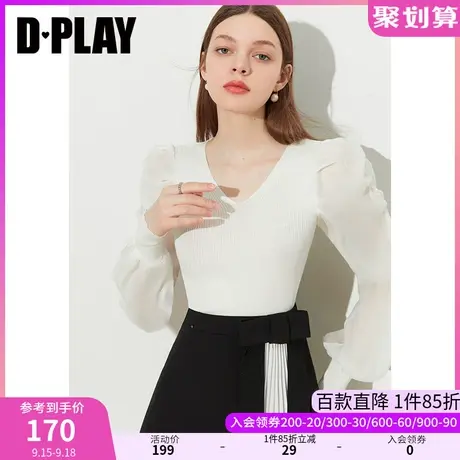 DPLAY【惠品】2023夏新法式优雅时尚白修身短款V领泡泡长袖针织衫商品大图
