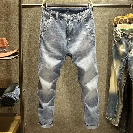 2023年春季新款蓝色牛仔裤男潮牌直筒宽松水洗磨白高街斜袋裤子男商品大图