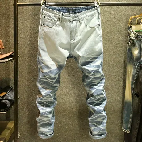 2023新款潮牌水波纹牛仔裤男宽松直筒裤春季渐变色痞帅休闲长裤子商品大图