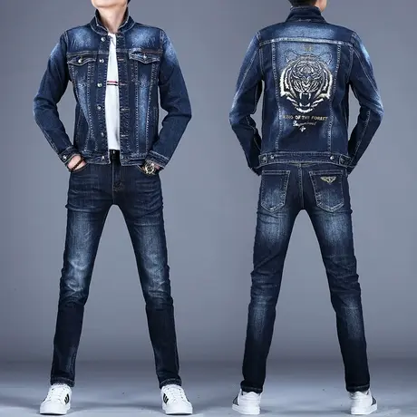 深蓝色烫钻牛仔外套2023新款秋款牛仔套装男整套上衣夹克修身潮牌图片