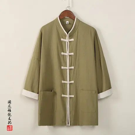 新中式改良唐装衬衫男夏季中国风棉麻七分袖衬衣复古盘扣男装上衣商品大图