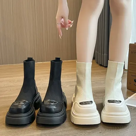 英伦风弹力袜靴女网红瘦瘦靴2023新款春秋厚底针织马丁靴百搭短靴图片