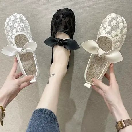 蝴蝶结镂空网布单鞋女夏季新款韩版百搭平底透气懒人一脚蹬豆豆鞋图片