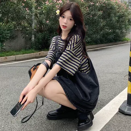 大码条纹牛仔背带裙套装女夏新款胖MM可甜可盐连衣裙两件套200斤商品大图