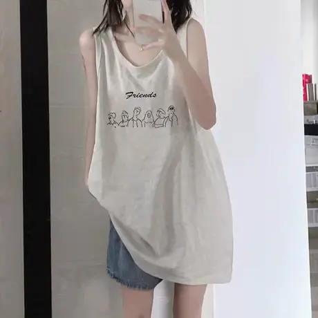 纯棉吊带坎肩背心无袖t恤女夏季设计感小众外穿宽松港风挂脖上衣商品大图