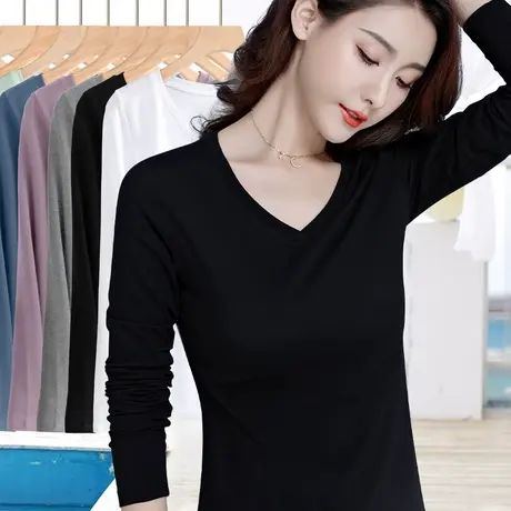 纯棉v领修身上衣女春秋季t恤大码弹力打底衫黑色显瘦长袖内搭体恤图片