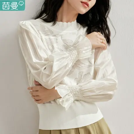 茵曼旗舰店法式毛衣女2024年春季新款设计感长袖套头白针织衫上衣图片