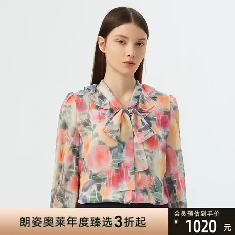朗姿真丝印花荷叶设计感衬衫女泡泡袖新款夏商场同款春图片