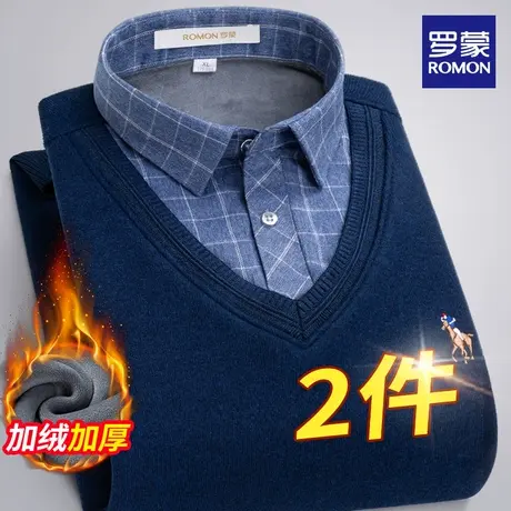 罗蒙2021新款保暖假两件男士衬衫加绒加厚衬衣针织衫刺绣中年寸衫图片