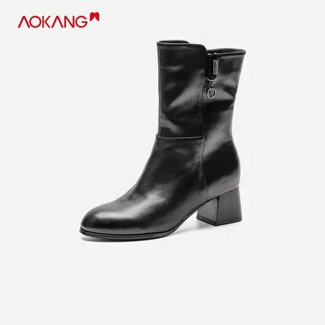 【门店发货】奥康女鞋 冬季新款粗跟中筒真皮靴子高跟靴图片