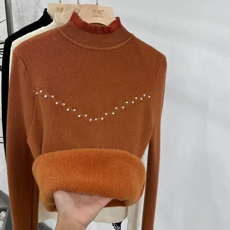 水貂绒加绒加厚长袖针织打底衫女2023保暖洋气配大衣的内搭上衣商品大图