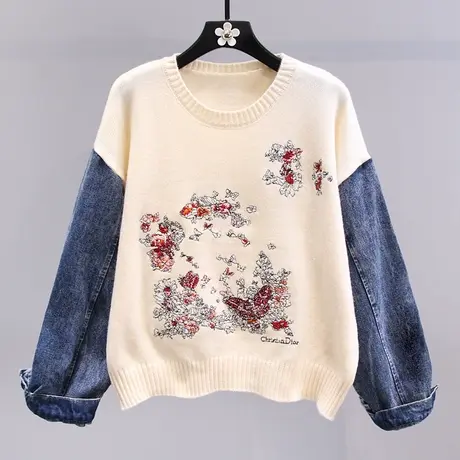 刺绣设计感牛仔拼接毛衣女秋冬2023新款日系宽松时尚百搭针织衫商品大图