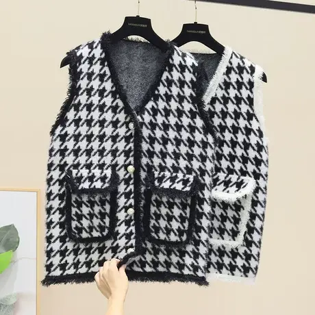 小香风马甲女坎肩背心格子外套欧货外穿马夹仿水貂绒秋冬针织开衫商品大图