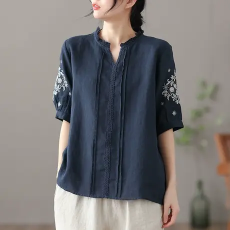 dza 文艺复古薄款棉麻上衣女士衬衫夏季新款气质绣花短袖亚麻衬衣图片