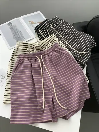 撞色条纹短裤女2023夏季宽松高腰抽绳休闲运动裤A字阔腿显瘦裤子图片