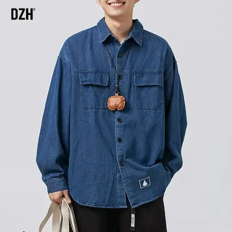 男士通勤蓝色牛仔衬衫男长袖设计感高级休闲宽松上衣痞帅男装外套商品大图