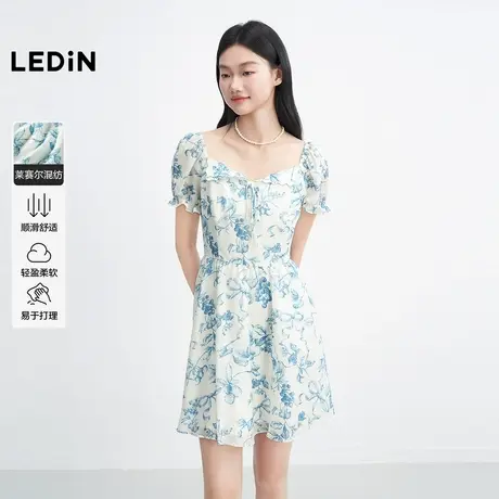 乐町插画师图案刺绣波浪边翻领连衣裙女2025年夏季新款泡泡袖裙子图片