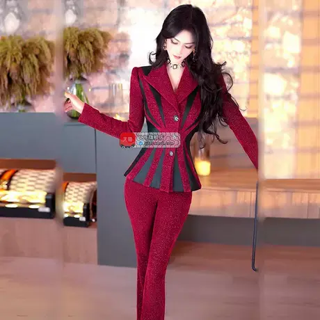 VJE冬季欧美撞色拼接加厚职业西服套装新款西装喇叭裤两件套图片