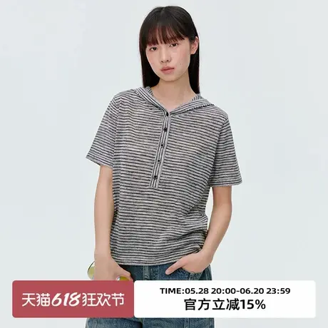 omont蛋挞家复古条纹连帽针织短袖2025夏季通勤慵懒宽松休闲上衣商品大图