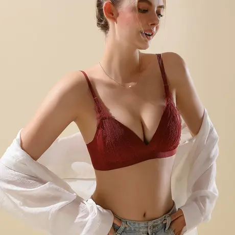 内衣女小胸聚拢蕾丝性感法式三角杯红色本命年结婚新婚文胸罩bra商品大图