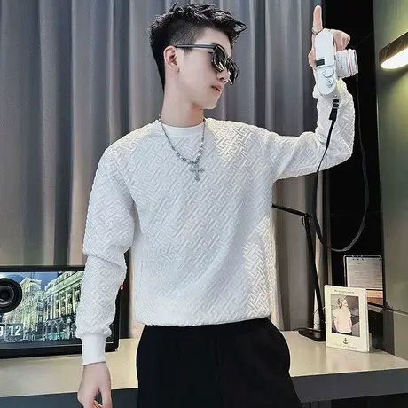 秋季新款圆领卫衣男简约高级感个性长袖打底上衣T恤潮男休闲外套商品大图