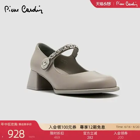 Pierre Cardin/皮尔卡丹女胎牛皮单鞋真皮一字形玛丽珍鞋女粗跟图片