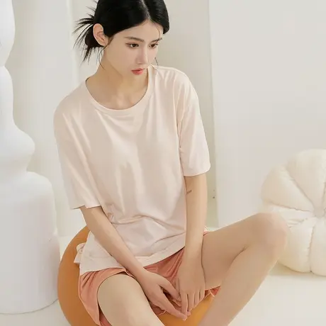 凉感冰丝宽松舒适带胸垫防凸点短袖短裤睡衣套装女居家服夏季套头商品大图