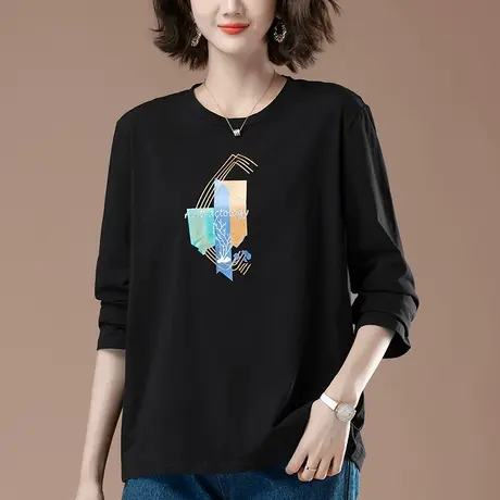 长袖t恤女春秋新款加肥加大码女装宽松纯棉印花休闲显瘦打底衫商品大图