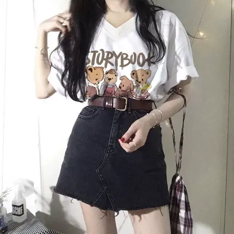 夏季2023新款短袖t恤女胖mm宽松遮肚显瘦大码正肩V领chic港味上衣图片