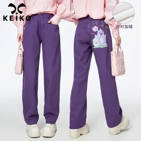 KEIKO 洋气卡通印花紫色直筒休闲裤女加绒秋季棉质宽松阔腿长裤子图片