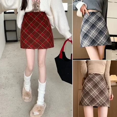 2025新款复古毛呢格纹裙半身裙女短裙春秋冬高腰显瘦包臀裙商品大图