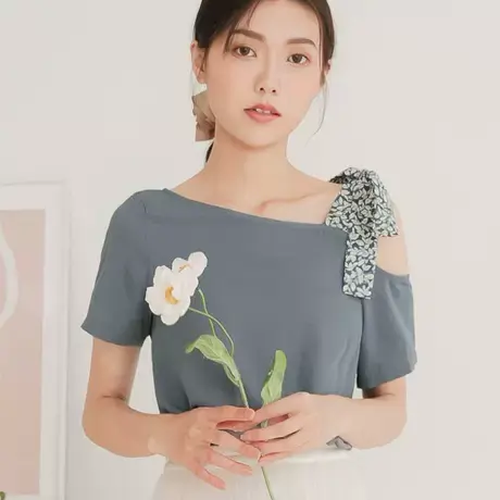 桔熊夏季甜辣雪纺衫蝴蝶结绑带露单肩短袖上衣女胖mm大码AB15773商品大图