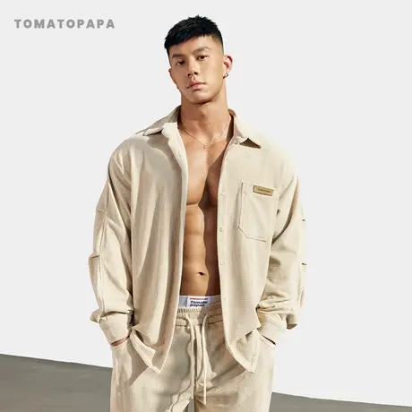 TOMATOPAPA秋冬保暖家居服翻领纯色百搭开衫薄外套男长裤抽绳套装商品大图