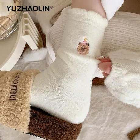 毛绒袜子女秋冬季加厚款月子袜保暖澳绒棉袜冬天居家珊瑚绒睡眠袜商品大图