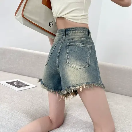 牛仔短裤女复古港味夏季薄款高腰a字遮肉显瘦毛边阔腿辣妹热裤潮商品大图