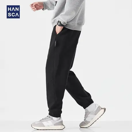 hansca春秋季300g黑色束脚卫裤男2025新款宽松运动抽绳拼接休闲裤商品大图