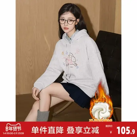 唐狮2026秋冬新款女兔子印花加绒连帽卫衣宽松型长袖百搭套头上衣图片