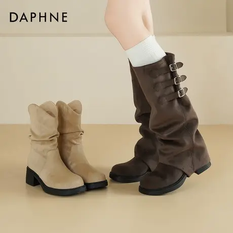 达芙妮厚底长筒靴女2025新款秋冬复古骑士靴堆堆靴两穿高筒靴子女图片