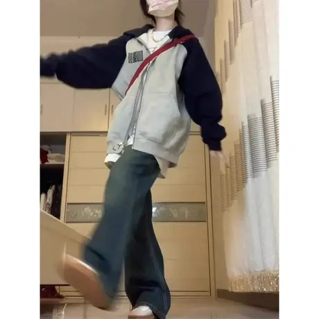 撞色插肩袖开衫连帽卫衣女春秋冬加绒加厚宽松韩系慵懒风上衣外套商品大图