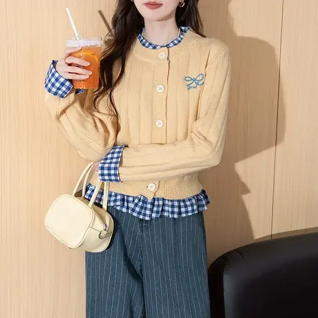 唐狮秋冬毛衣女外套假两件蝴蝶结甜美风圆领针织开衫高级慵懒tu图片