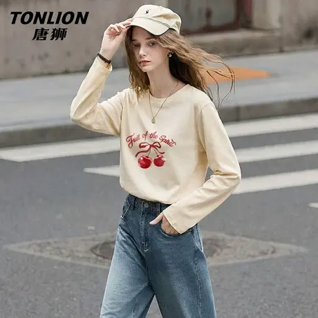 唐狮官方纯棉长袖t恤女2026新款春宽松慵懒大码打底衫内搭上衣VC图片