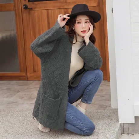桔熊秋冬保暖纯色粗针织毛衣宽松开衫中长款外套女大码FA2326图片